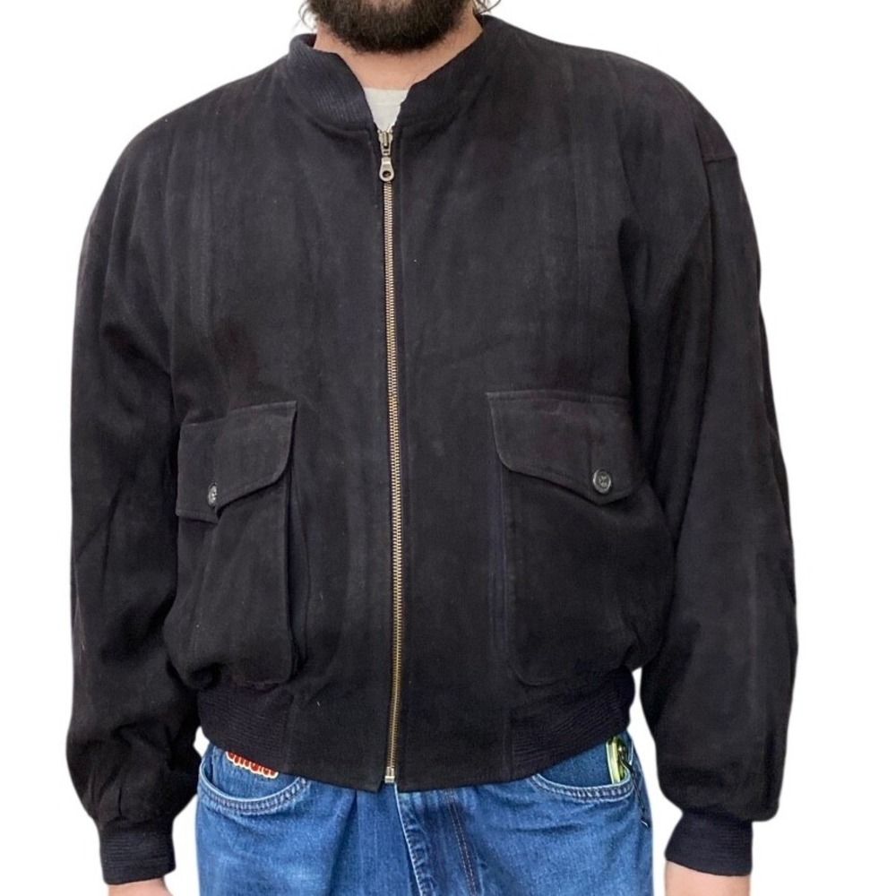 Fiorenza‎ Suede Leather Bomber Jacket Mens XL Black Plaid Lined Minimalist